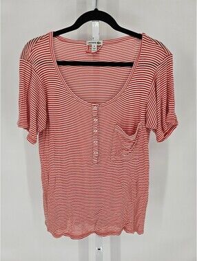 Lacoste women's Sz M red and white striped short-sleeve henley top with a pocket